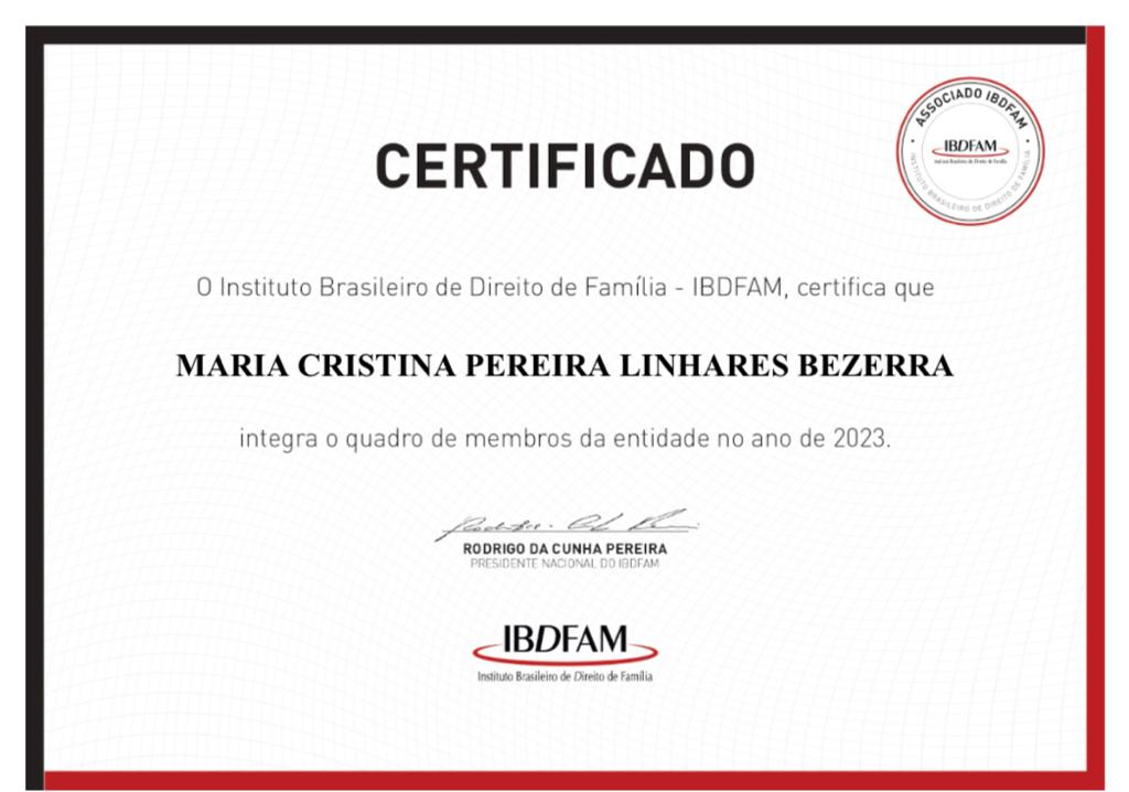 Dra Cristina Linhares - Advogada e Consultora - Certificado IBDFAM